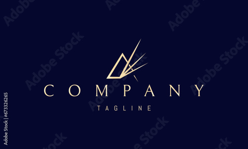 A vector golden logo with an abstract image of a triangle with three rays of light.