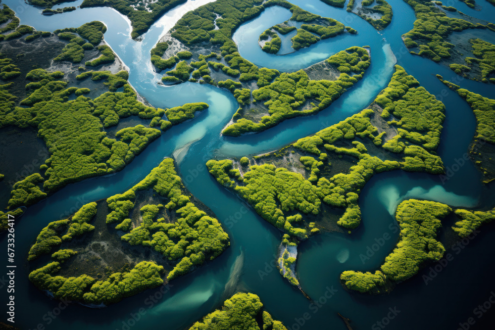 Meandering River Through Lush Greenery, Aerial View of  amazonas