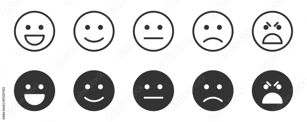 Feedback emotions icon. Happiness, smile, frustration, discontent, angry emoji symbols. Smileys black icons set. Vector stock illustration. - obrazy, fototapety, plakaty 