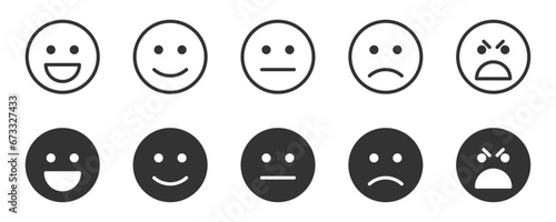 Feedback emotions icon. Happiness, smile, frustration, discontent, angry emoji symbols. Smileys black icons set. Vector stock illustration.