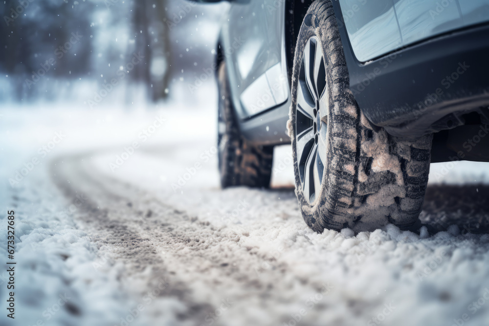 Low angle view of a car tire on a winter road covered in ice and snow. Winter travel background Low angle view of a car tire on a winter road covered in ice and snow. Winter travel background