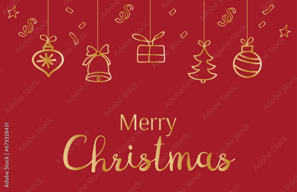 Naklejka premium Merry Christmas card horizontal banner with gold line doodle elements and serpentine.