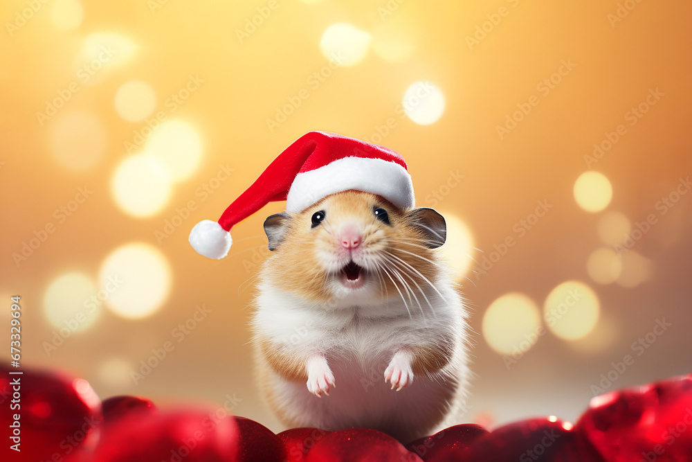 Happy hamster in Santa hat on bokeh background Happy hamster in Santa hat on bokeh background