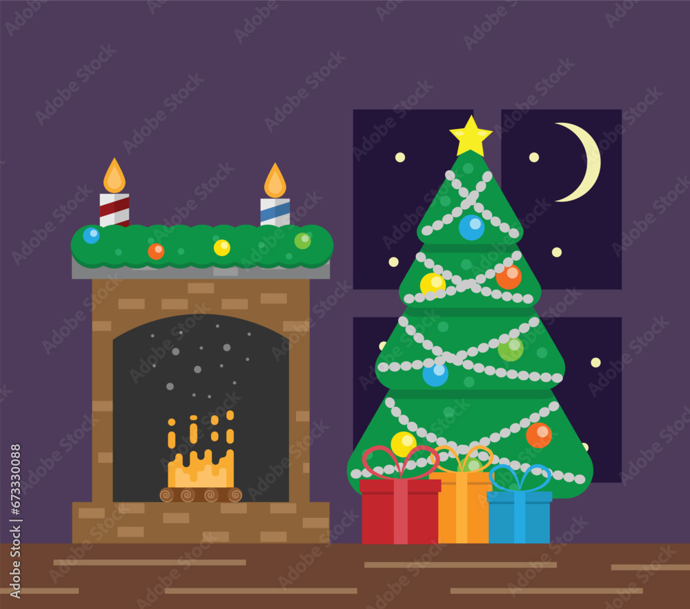 Christmas Tree with Presents and Cozy Fireplace Flat Style. Winter season and holiday celebration concept vector art