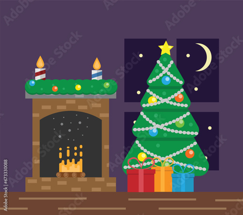 Christmas Tree with Presents and Cozy Fireplace Flat Style. Winter season and holiday celebration concept vector art