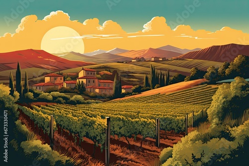 Retro style illustration of a vineyard and winery at sunset. Warm autumn tones of rolling hills and rows of vines. 1950s style travel poster.