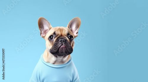 French bulldog wearing a blue t shirt. Isolated over blue background with space for text. Studio style pose. © Rixie