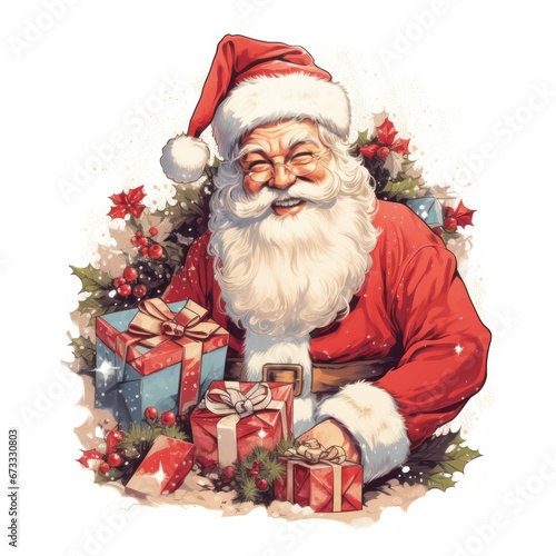 Jolly Santa Claus with rosy cheeks and a sack of presents on white background.