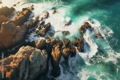 Aerial view of rocky coastline, waves crashing against rocks. Generative AI