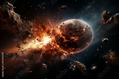 Cosmic apocalypse: planet explosion caused by meteorite impact. Generative AI