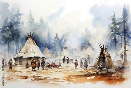 Vikings village with viking people and houses, watercolor illustration © 3dillustrations