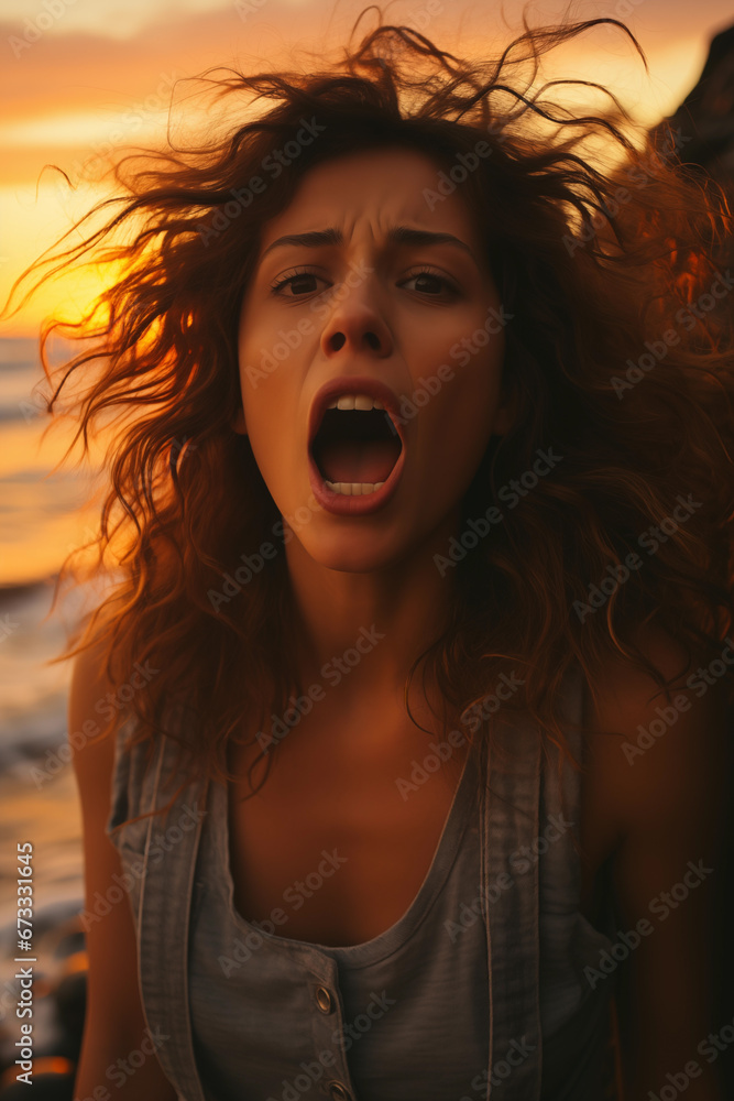 Close-up portrait of woman screaming angrily at the seaside
