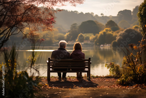 couple sitting on bench in park photo