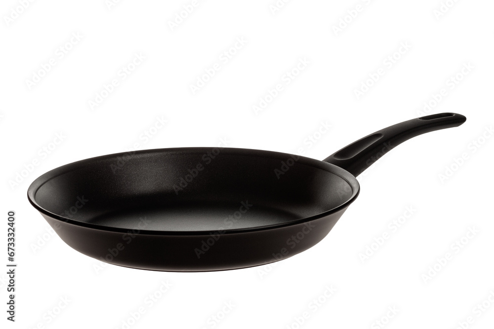 Metal frying pan with non-stick coating for cooking and serving food for all types of electric and gas stoves isolated on a white background Metal frying pan with non-stick coating for cooking and serving food for all types of electric and gas stoves isolated on a white background