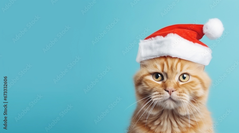 Close-Up of a Playful Red Tabby Cat in a Santa Hat, Isolated on a Soft Cyan Background Close-Up of a Playful Red Tabby Cat in a Santa Hat, Isolated on a Soft Cyan Background