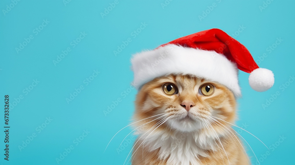 Close-Up of a Playful Red Tabby Cat with Santa Hat, Isolated on a Soft Cyan Background Close-Up of a Playful Red Tabby Cat with Santa Hat, Isolated on a Soft Cyan Background