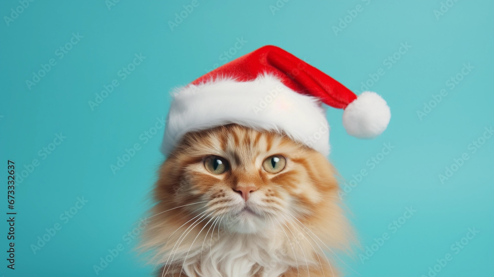 Close-Up of a Ginger Cat in a Santa Hat, Isolated on a Soft Cyan Background Close-Up of a Ginger Cat in a Santa Hat, Isolated on a Soft Cyan Background