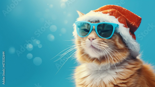 Close-Up of a Playful Red Tabby Cat in a Santa Hat, Isolated on a Soft Cyan Background