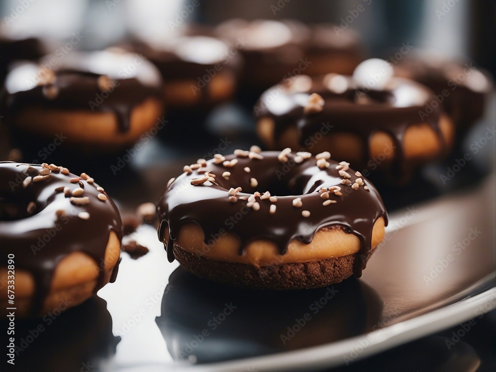 close up view of chocolate donut at bakery, blurry background
close up view of chocolate donut at bakery, blurry background