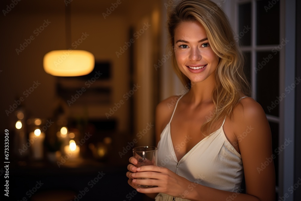 Hübsche Frau flirtet mit dem Partner. Aufgeschlossene Frau, mit einem Glas Wein oder Getränk wartet auf Unterhaltung. Ehefrau hat einen romantischen Abend gestaltet. 