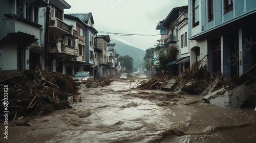 Stadt wird vom Hochwasser überflutet. Ort steht unter Wasser, da der Fluss übergetreten ist bei einem Unwetter. Überschwemmung der Straße und Häuser.