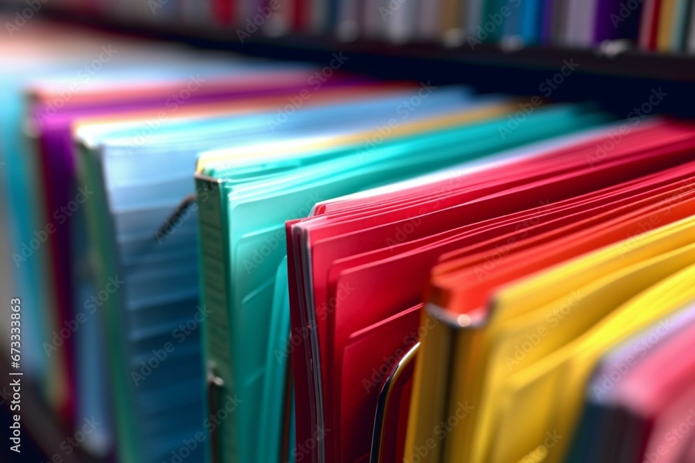Conceptual representation of legal documents with colored folders organized for cataloging in a closeup view. Generative AI - obrazy, fototapety, plakaty 