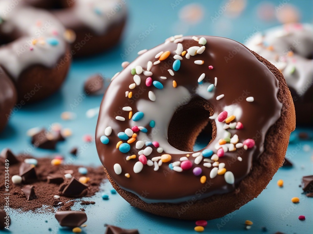 close-up of delicious looking chocolate donut with a decorative blurry light background
close-up of delicious looking chocolate donut with a decorative blurry light background
