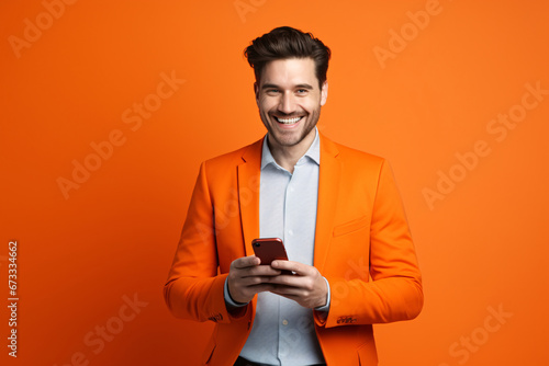 Enthusiastic Young Entrepreneur Excitedly Showcases Mobile Application Potential on a Blank Smartphone Screen Amidst a Vivid Orange Studio Backdrop