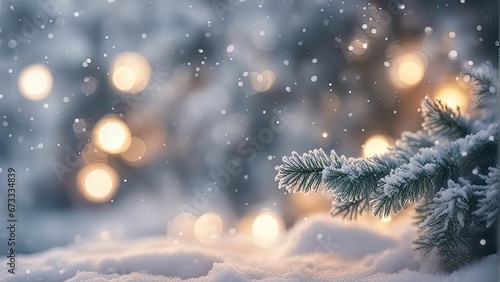 Snow-Covered Pine Tree and Bokeh Lights Background