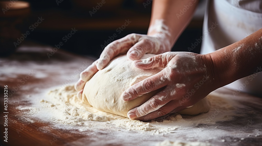 Close up of hand kneading the dough on wooden table Close up of hand kneading the dough on wooden table