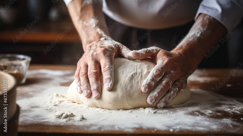 Close up of hand kneading the dough on wooden table
