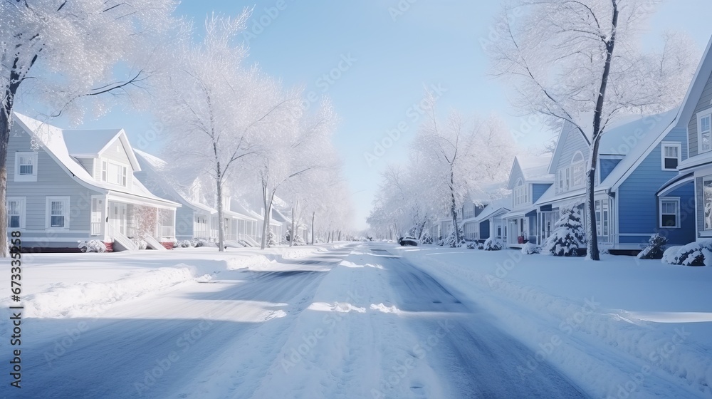Row of the snowbound houses homes with the sidewalk Row of the snowbound houses homes with the sidewalk