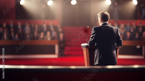 Political debate stage, politician speaking publicly