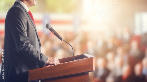 Political debate stage, politician speaking publicly photo