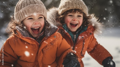 two cheerful kids frolic around in the snow photo