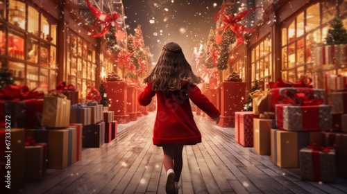 young girl is running toward her parents through piles of christmas gifts
