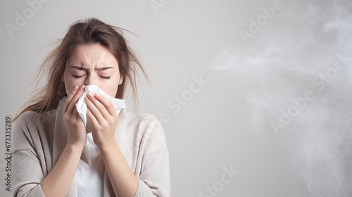 young woman sneezing in her hand
