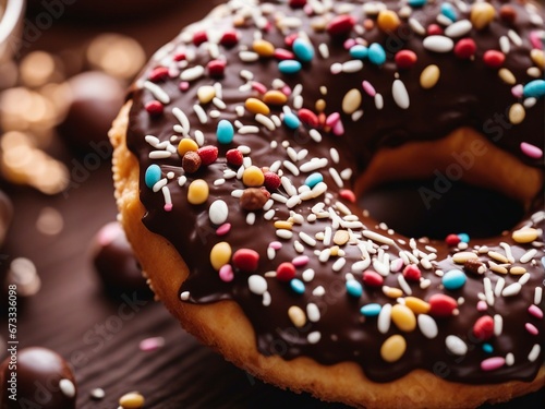 close-up of delicious looking chocolate donut with a decorative blurry light background