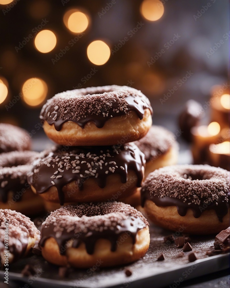 close-up of  delicious looking chocolate donut with a decorative blurry light background

