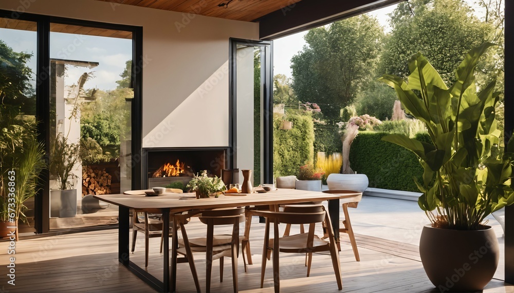 Fireplace and outdoor deck in sunny dining space