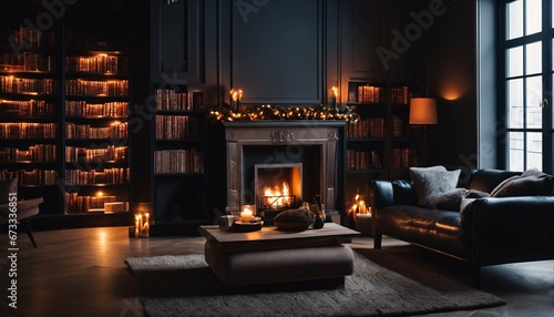 Warm fire in fireplace room: Surrounded by bookshelves and comfortable armchairs © ibreakstock