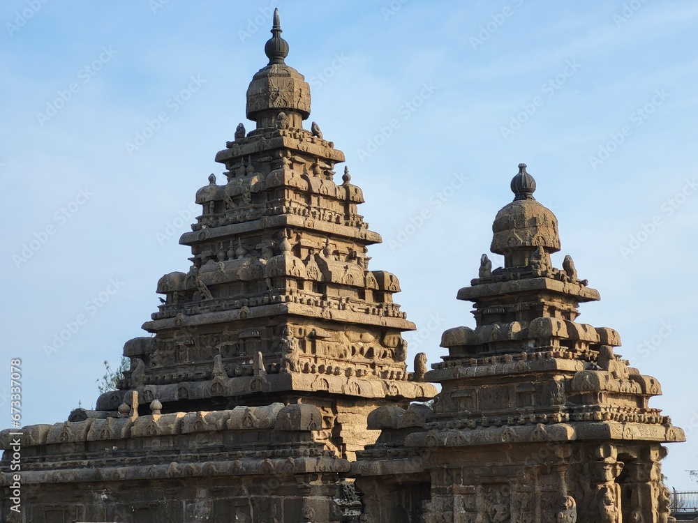 Mahabalipuram, Tamil Nadu India - Oct 15 2023: Shore temple is one of important structure in Mamallapuram. It was constructed by Pallava dynasty during 7th century.
