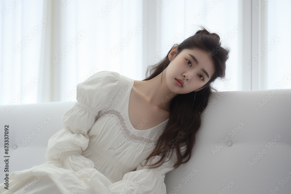 woman sitting on sofa and looking at camera woman sitting on sofa and looking at camera