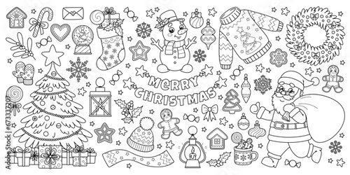 Outline set of Christmas and New Year elements for winter holiday design. Running Santa with a bag of gifts, Xmas decorated tree and other. Vector contour cartoon illustrations perfect for coloring.