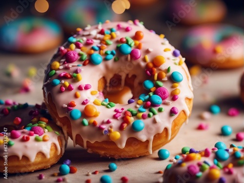 close up view of delicious colorful donuts, bright color background,