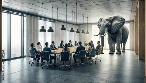 Business people addressing the elephant in the room during a meeting in the conference room, metaphor photo