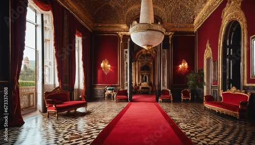 King’s thrones in palace castle with red carpet - Royal interior