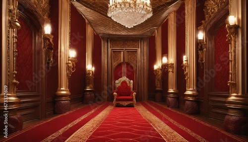 King’s thrones in palace castle with red carpet - Royal interior photo