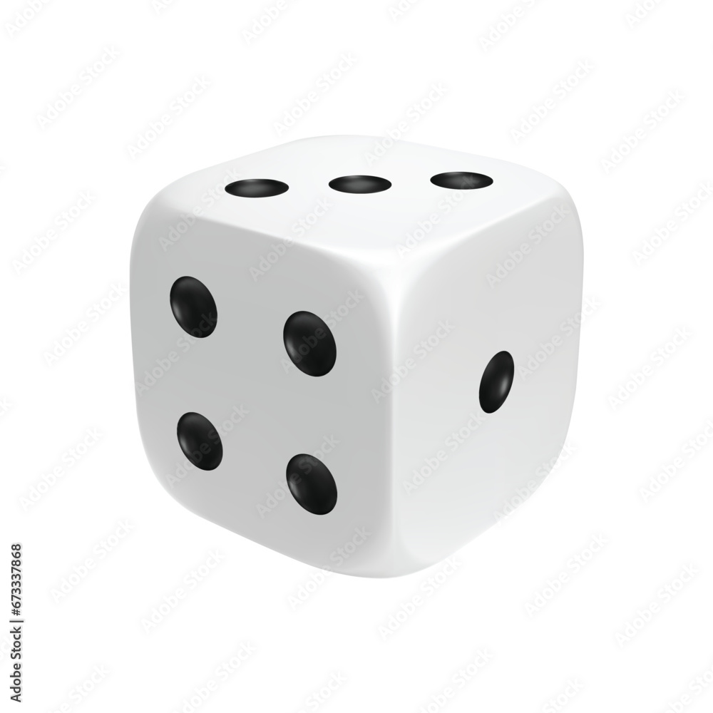 White photorealistic 3d cube for games. Dice icon in flight closeup isolated on white background. Vector illustration. White photorealistic 3d cube for games. Dice icon in flight closeup isolated on white background. Vector illustration.