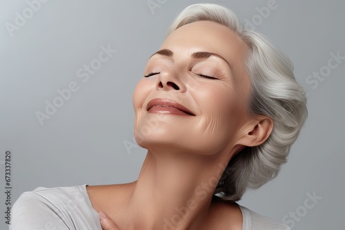 A mature and elegant Caucasian woman with a natural  healthy and attractive appearance in a studio portrait.